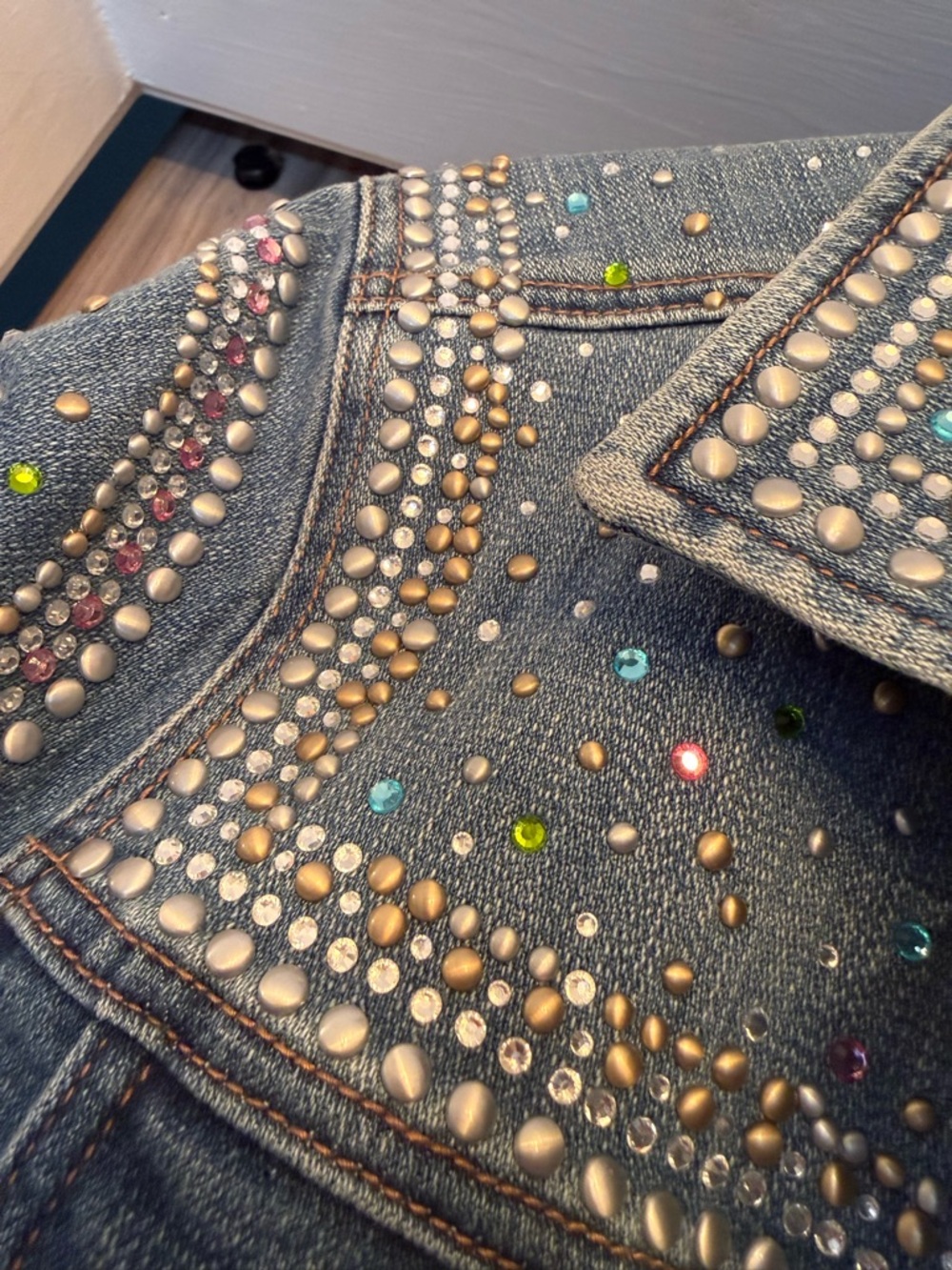 Idyllwind Studded Washed Blue Denim Jacket with Multicolor Gems - Picture 3 of 6